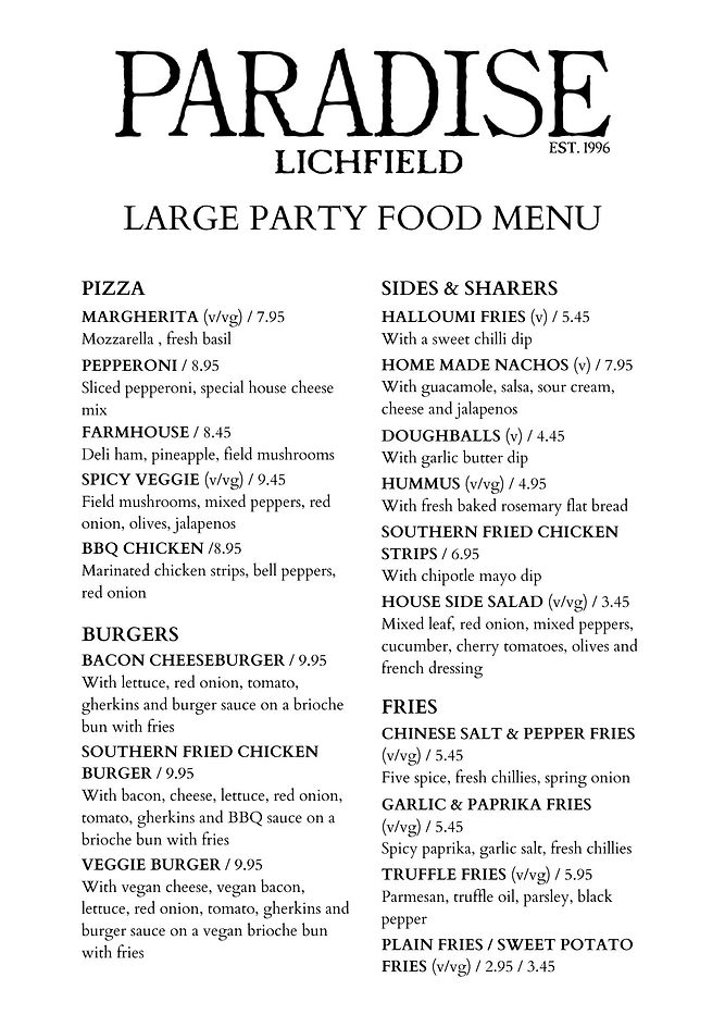 LARGE PARTY FOOD MENU Paradise Lichfield