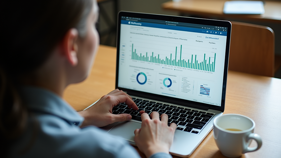 High angle view of a teacher reviewing student performance data on a laptop