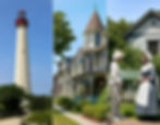 Triptych of Cape May, New Jersey featuring the Cape May Lighthouse, a row of colorful Victorian homes, and a historical reenactor speaking with a visitor in a garden setting.