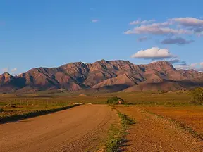 Winding rural road through farmland with mountains in the distance on a scenic road trip route