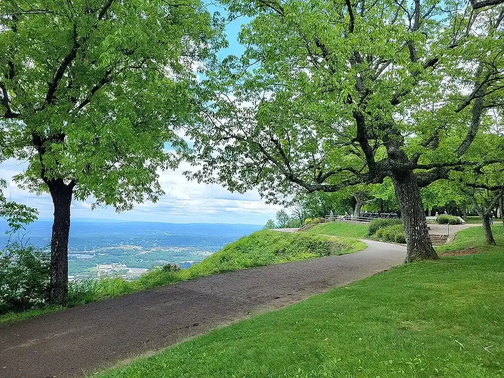 Scenic overlook on Lookout Mountain in Chattanooga Tennessee with walking path and views across the Tennessee River valley