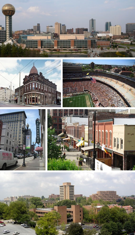 Knoxville Tennessee skyline featuring the Sunsphere and popular attractions in downtown Knoxville.