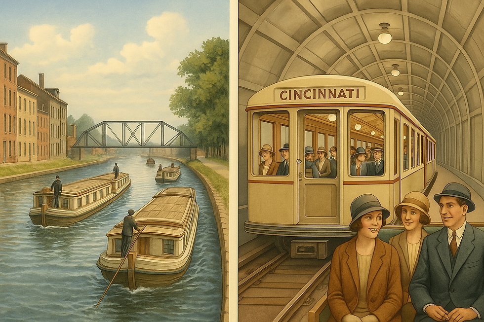 Flatboats on Miami & Erie Canal beside 1920s subway with vintage commuters.