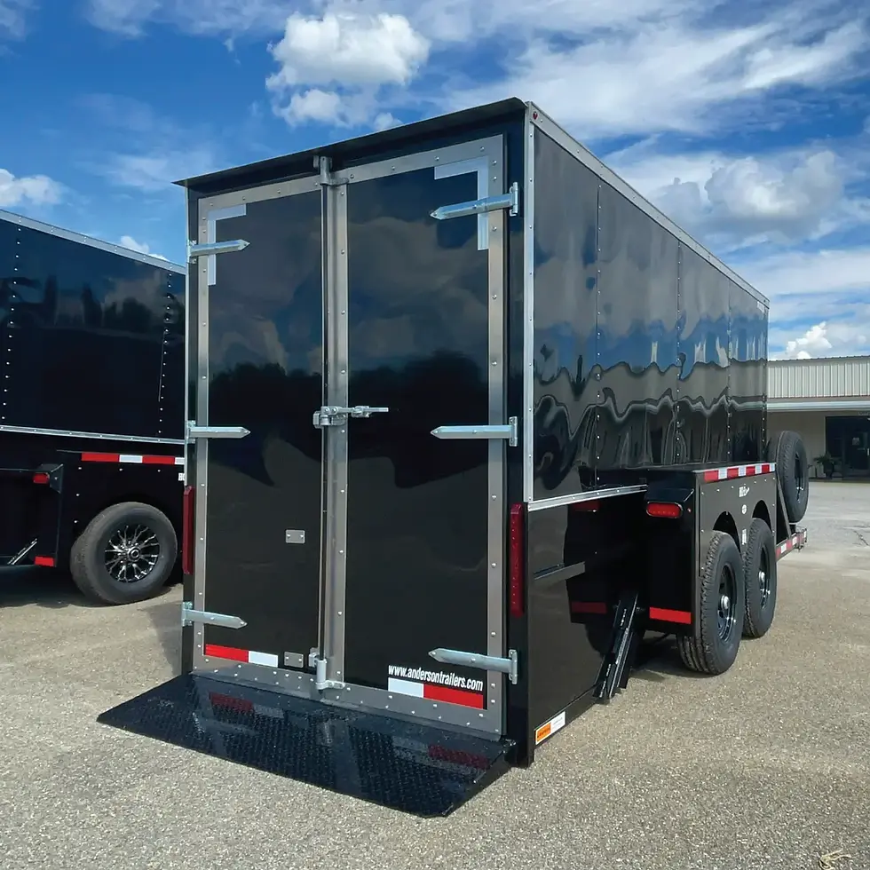 Enclosed Drop Deck Trailer fully black dropped to ground