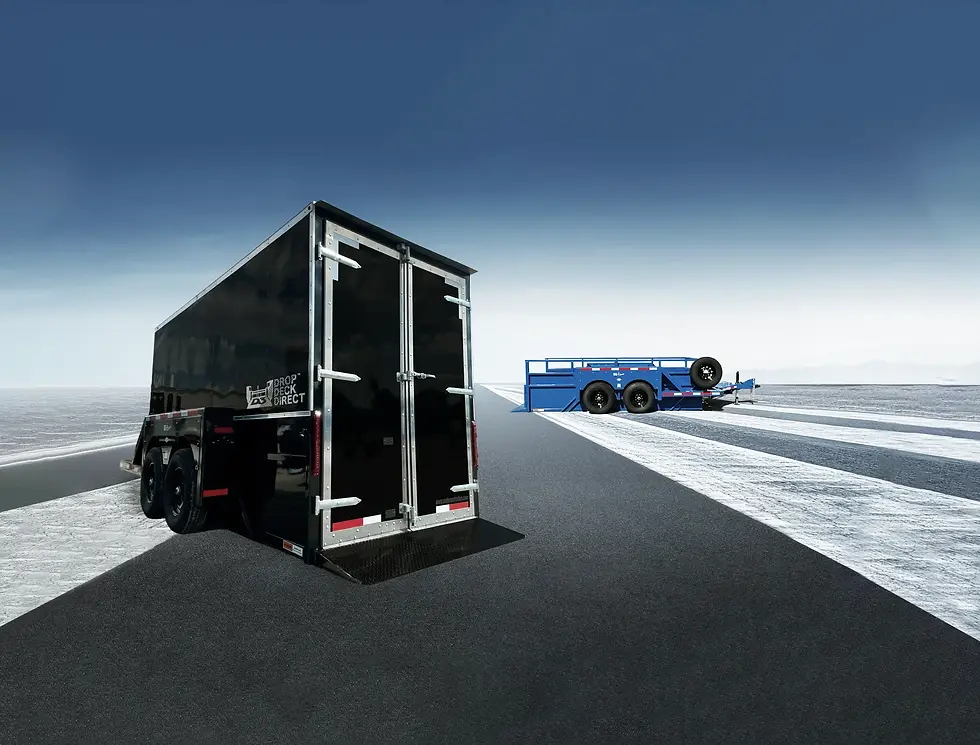 Black Enclosed Drop Deck Trailer and Blue Tandem Axle Drop Deck Trailer by Drop Deck Direct