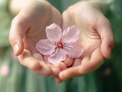 A close-up of a person's open hands gently cradling a single pink cherry blossom flower. The background shows a soft, blurred sage green dress with falling petals, creating a dreamy aesthetic. Text Read: Everything blooms in its own time. You don't have to rush. When you're ready, life will unfold like spring. Savouringsolitude.com