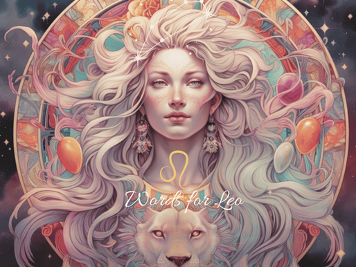 Digital art portrait of a woman with flowing pink and cream hair within an ornate mandala circle, paired with a white lion, titled 'Words for Leo' with gold zodiac symbol and constellation, from Savouring Solitude.