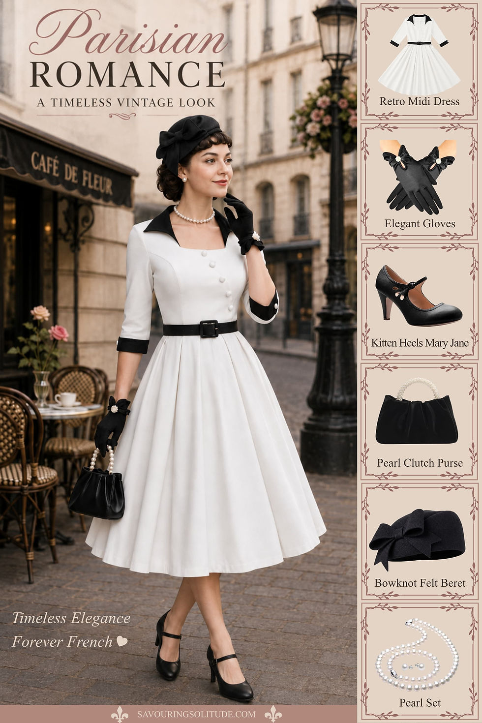 Vintage fashion ad shows a woman in a white retro dress and black beret on a Paris café street; text reads Parisian Romance