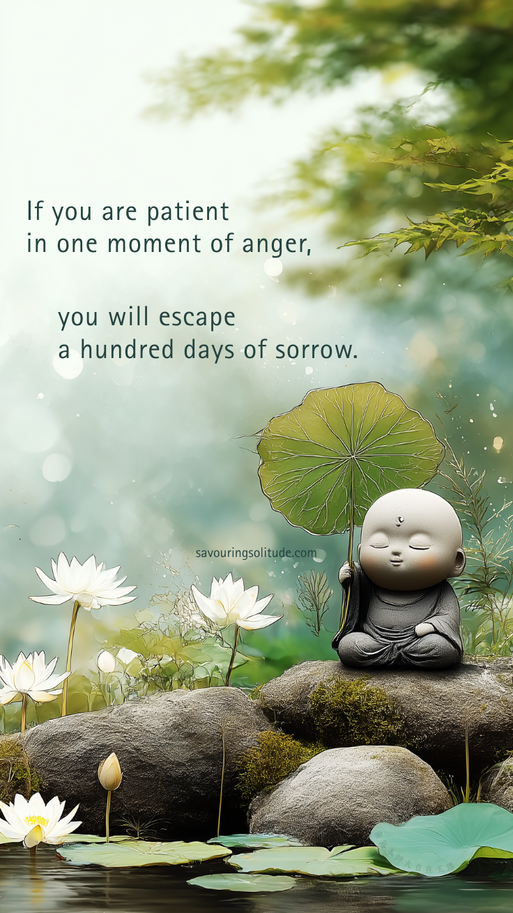 An aesthetic digital artwork featuring a cute little monk meditating on a mossy rock under a lotus leaf umbrella, with serene white lotus flowers in the water. The image features a clear English quote on the top left: "If you are patient in one moment of anger, you will escape a hundred days of sorrow.