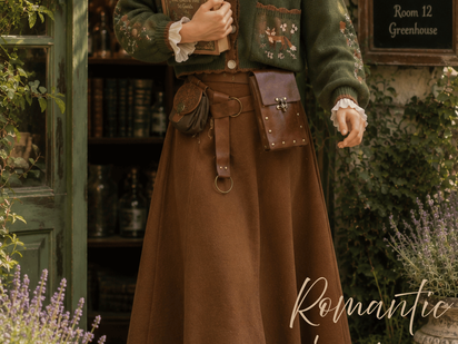 Woman in green embroidered cardigan and brown skirt holds Medicinals Plants book in a cozy herb shop ad with outfit labels.