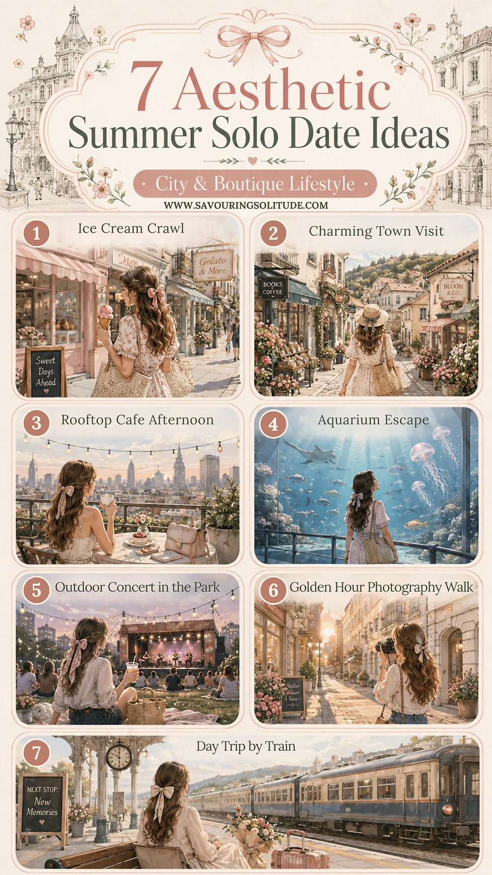 Poster titled 7 Aesthetic Summer Solo Date Ideas with seven pastel illustrated city scenes, from ice cream crawl to train trip