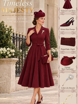 Fashion ad of woman in burgundy coat dress and hat, holding clutch outdoors; text says Timeless Majesty, royal style made accessible.