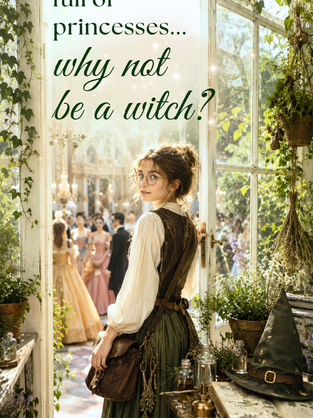 Woman in vintage dress and glasses in a sunlit greenhouse doorway; text reads why not be a witch? with princesses above.