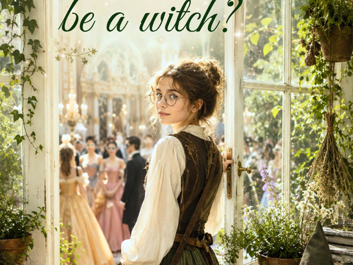Woman in vintage dress and glasses in a sunlit greenhouse doorway; text reads why not be a witch? with princesses above.