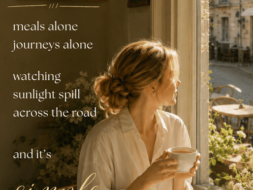 Woman at cafe window holding tea beside an open book and pastry; text says I’ve learned to enjoy my own rhythm, simple beautiful.