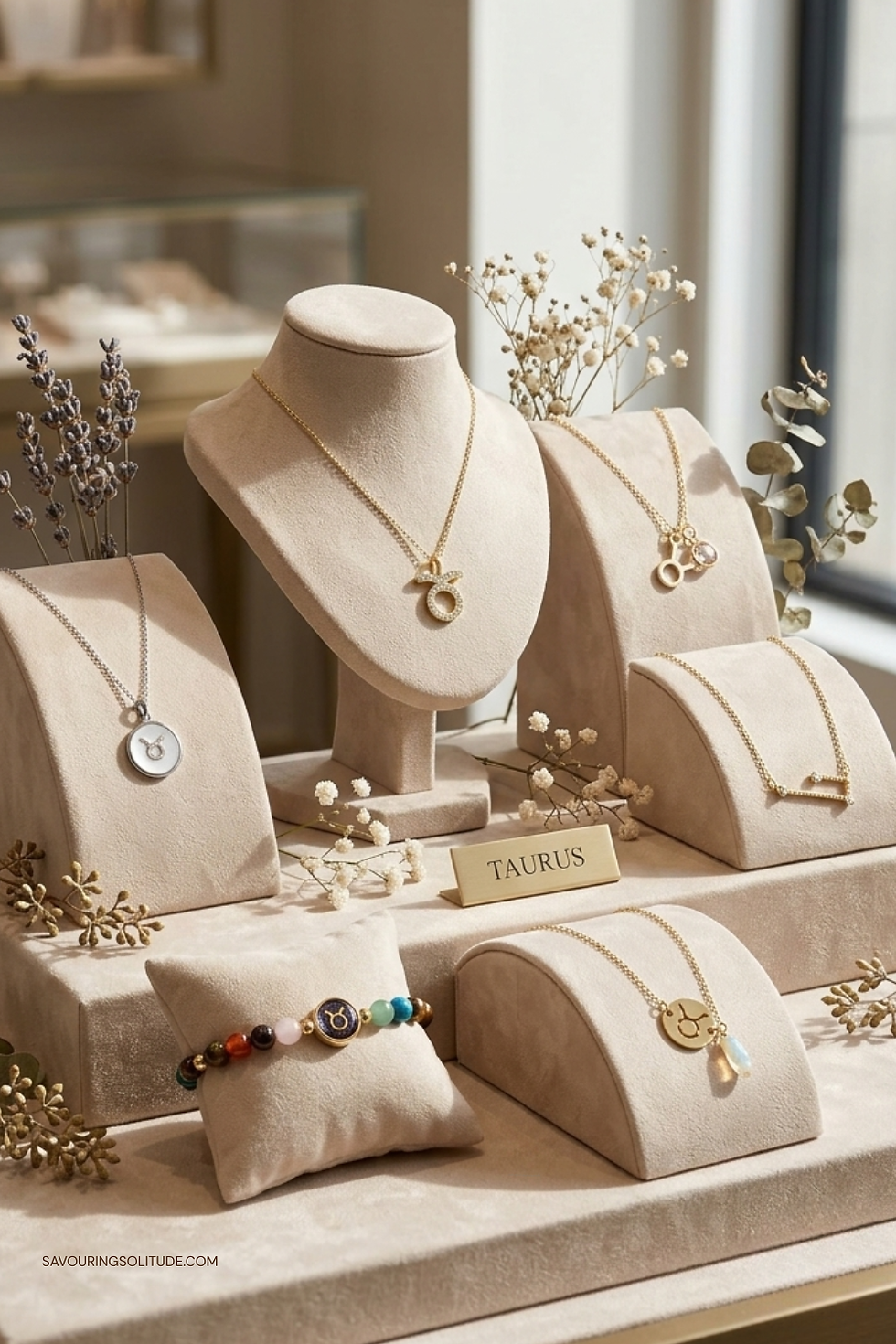 Elegant Taurus zodiac jewelry display with gold necklaces, zodiac pendants, gemstone bracelets, and beige velvet jewelry stands styled with dried flowers in warm natural light.