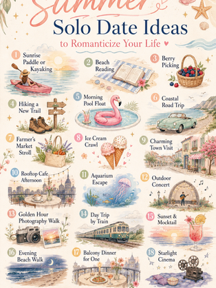 Pastel infographic titled 21 Aesthetic Summer Solo Date Ideas, with 21 illustrated seaside, city, and outdoor activities.