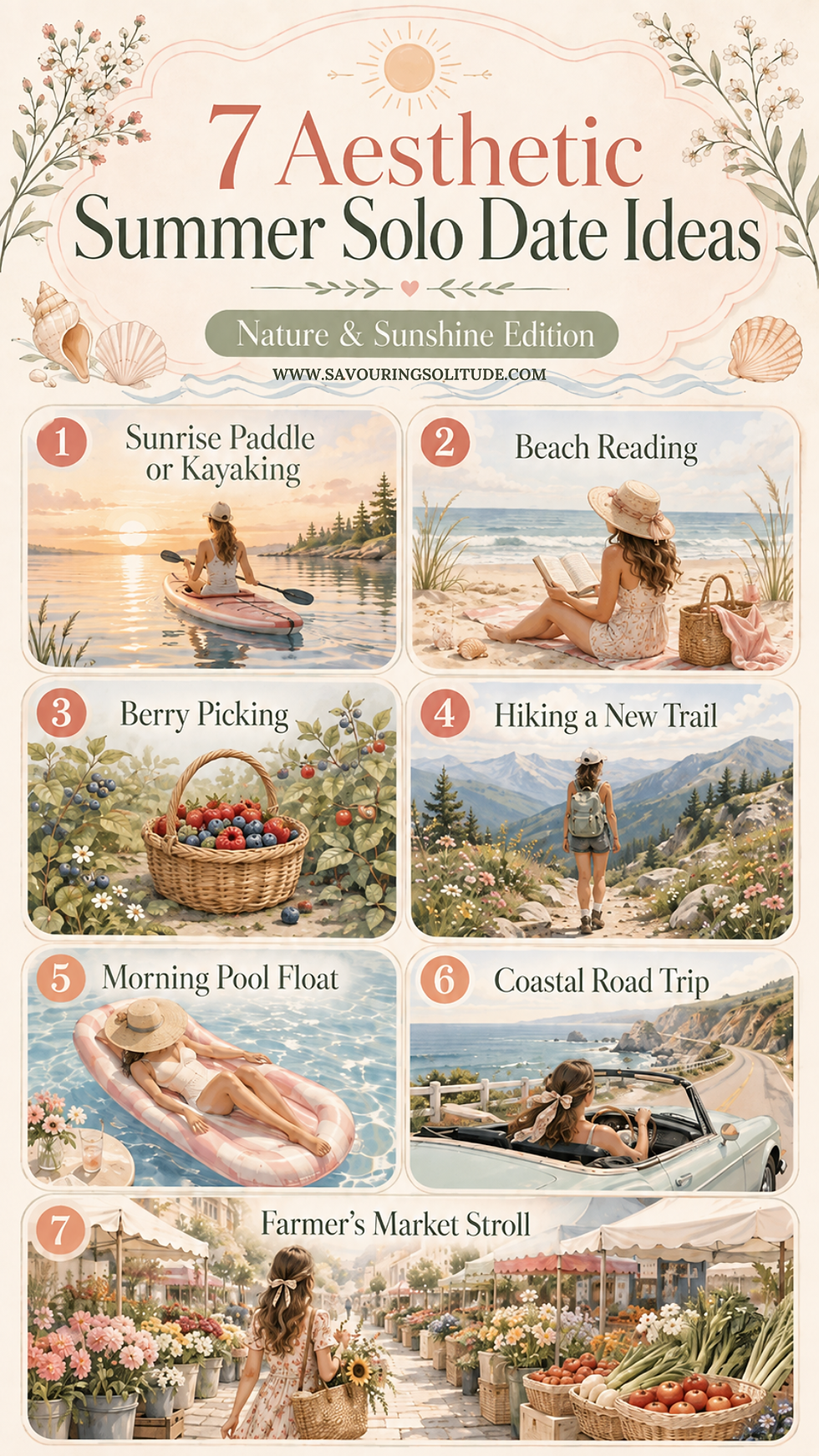 Pastel infographic titled 7 Aesthetic Summer Solo Date Ideas, with seven scenes: kayaking, reading, berries, hiking, pool, drive, market.