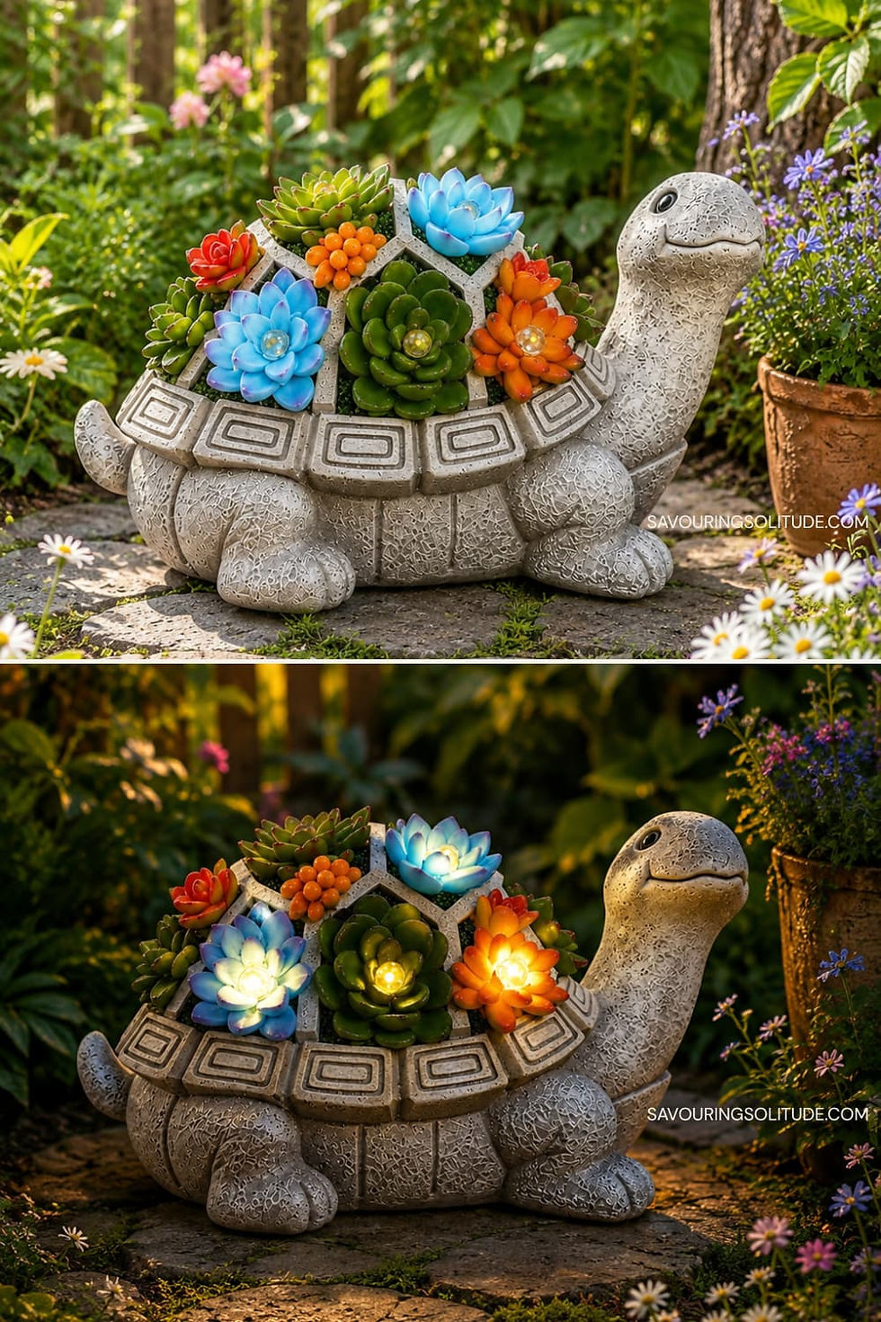 Stone turtle planter filled with colorful succulents in a lush garden, shown in daylight and glowing at dusk; SAVORINGSOLITUDE.COM watermarked