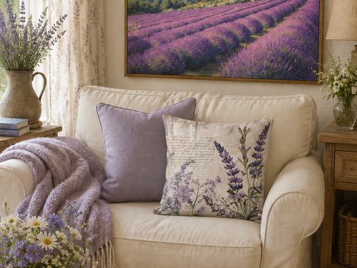 A cozy, warm-toned living room corner featuring a neutral cream armchair styled with a lavender-printed vintage script throw pillow and a soft pastel purple chunky knit blanket. Above the chair hangs a large framed oil painting of rolling purple lavender fields in Provence next to a rustic cottage. In the foreground, a wooden coffee table holds an oval woven rattan tray with a floral teacup and candle, alongside a stack of interior design books.