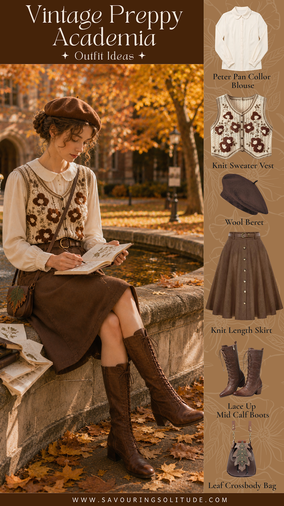 Vintage Preppy Academia outfit ideas poster of a woman sketching by an autumn fountain, with clothing items listed.