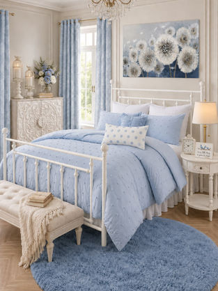 An elegant French country bedroom with a white iron frame bed dressed in dusty blue bedding, a dandelion painting hanging above the headboard, matching blue patterned curtains, carved white vintage nightstands, and a plush round blue rug on herringbone hardwood flooring.