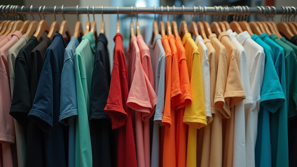 Eye-level view of a clothing rack displaying colorful urban streetwear