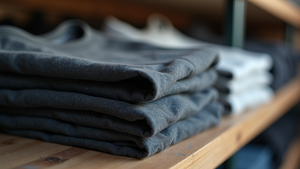 Close-up view of folded streetwear t-shirts stacked for wholesale