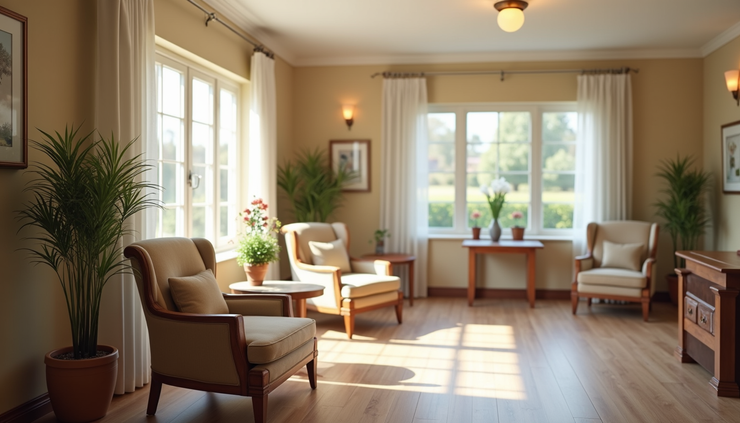 Eye-level view of a cozy residential assisted living memory care common area with comfortable seating and soft lighting