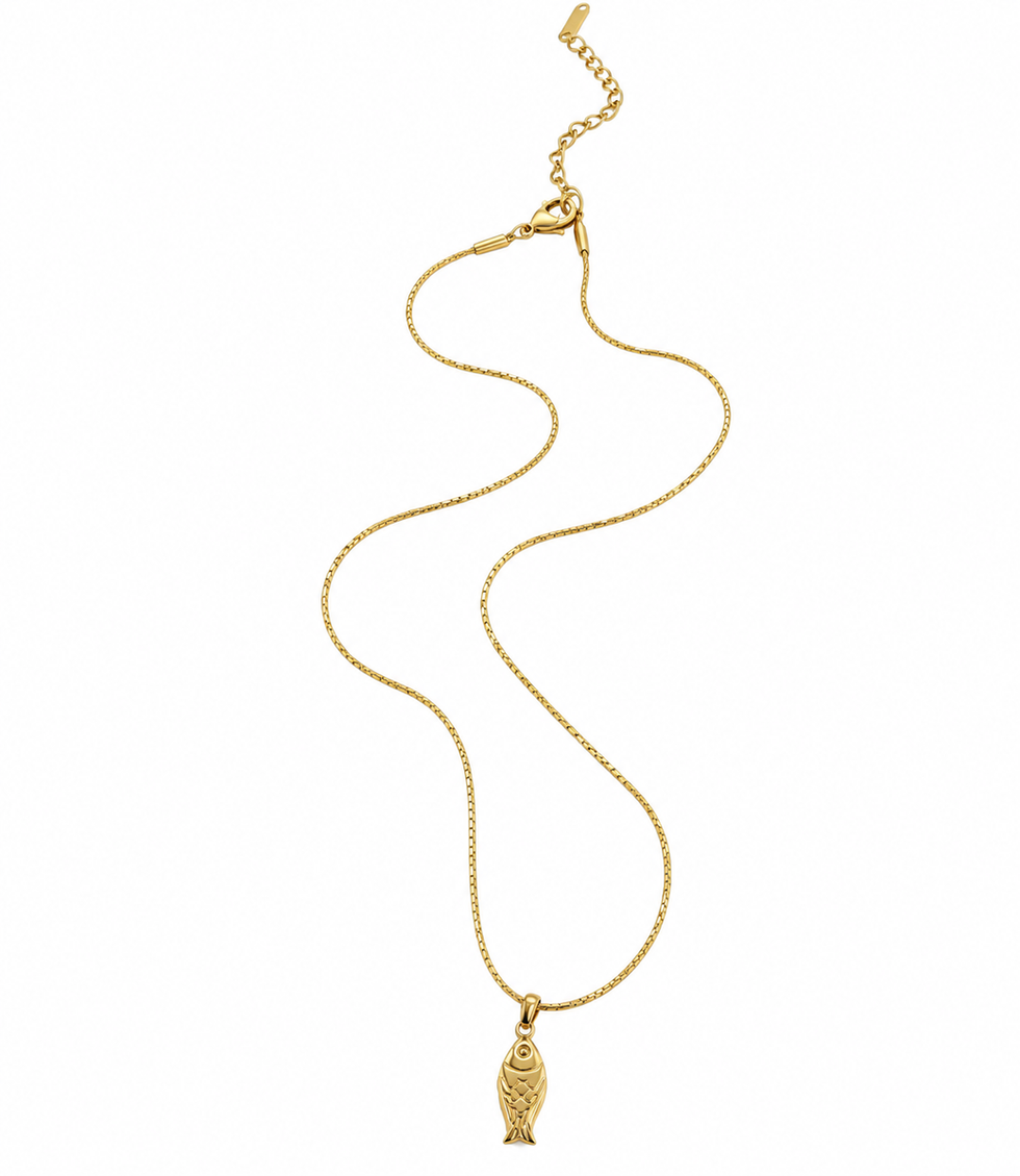 Golden fish pendant necklace on a thin gold chain.
