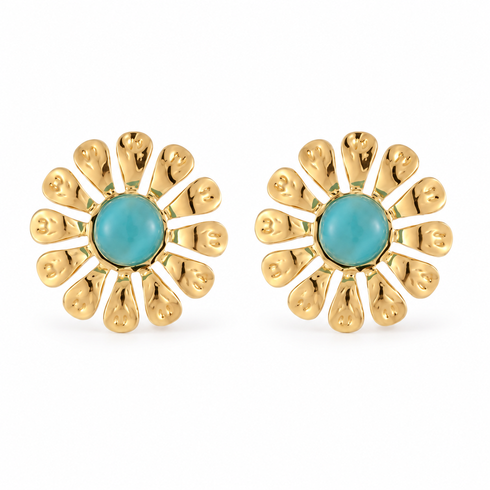 18K gold plated blue flower stud earrings with turquoise centers
