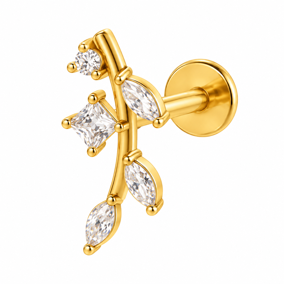 Gold crystal leaf stud earring with marquise gems.