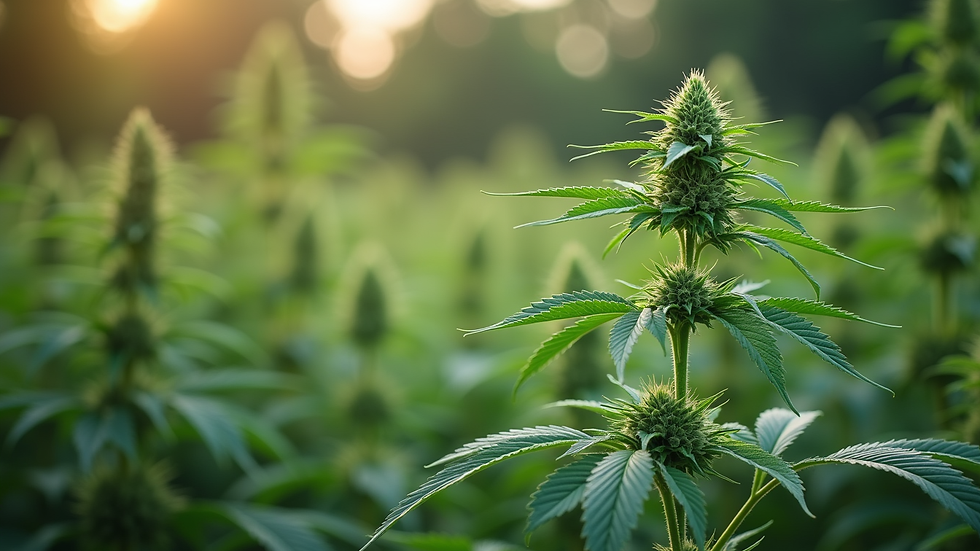 Close-up view of green hemp plants growing in a garden
