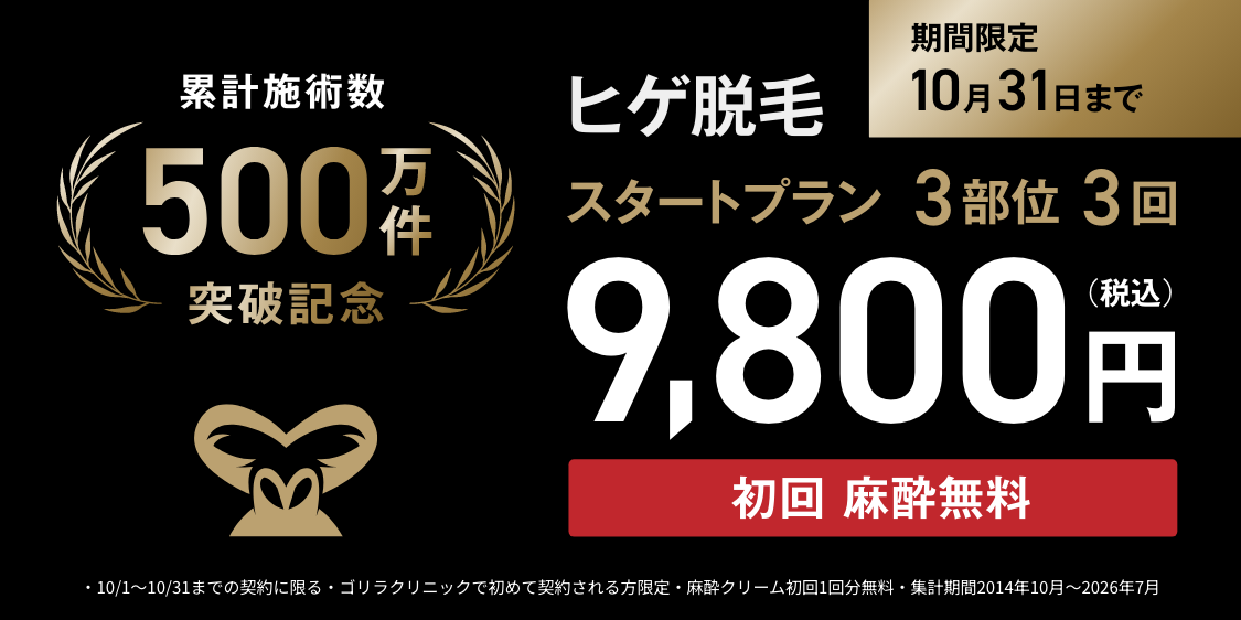 ゴリラクリニック ヒゲ脱毛スタートプラン3部位3回 9,800円（税込）10月31日まで 初回麻酔無料
