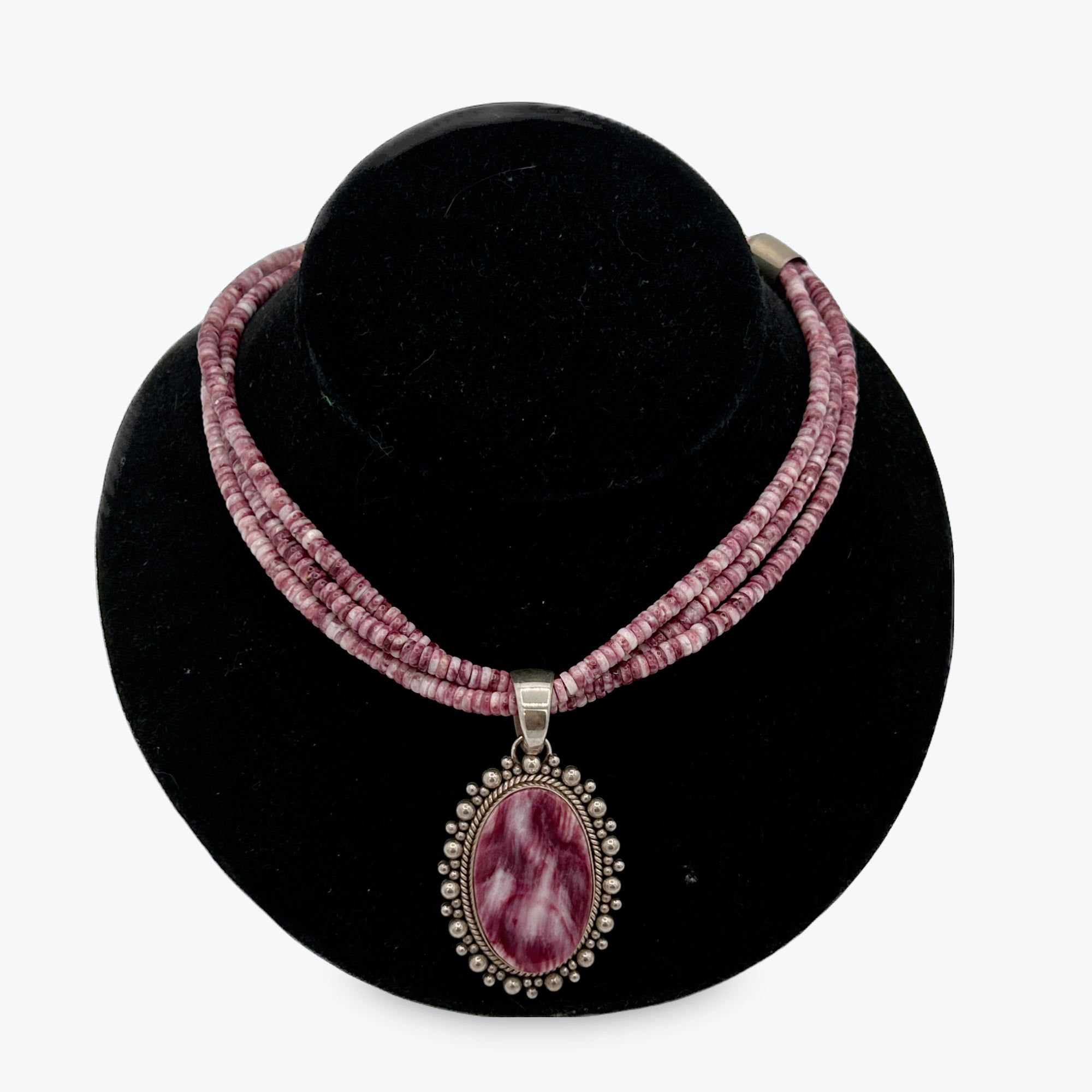 Artie Yellowhorse-Purple spiny oyster shell 3 strand beaded pendant necklace