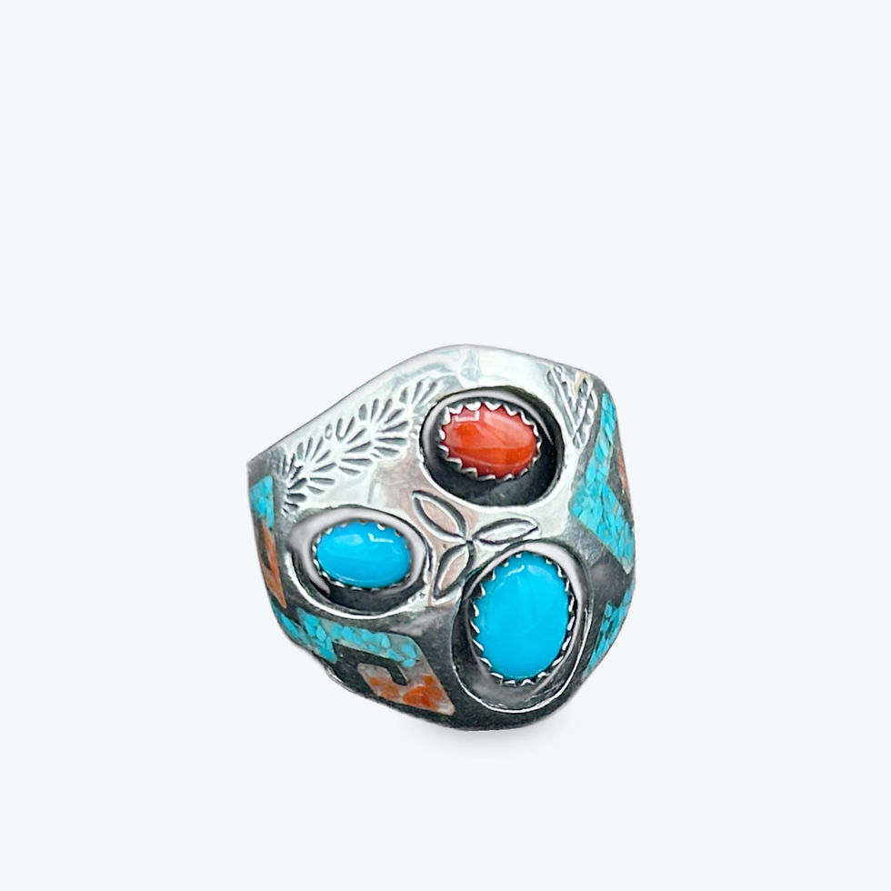 Roie Jaque-turquoise coral 3 stone and inlay Sterling silver ring