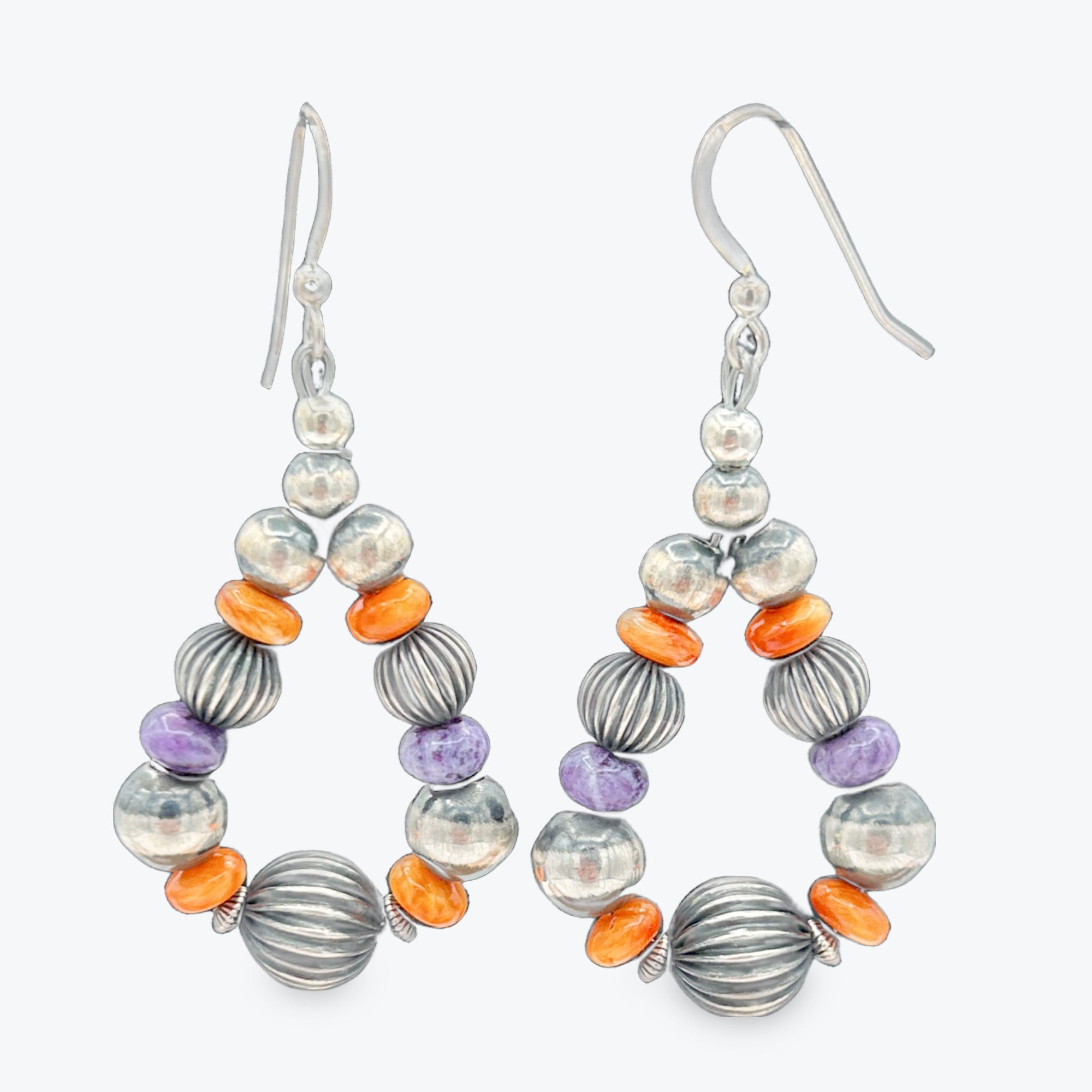 Purple and orange spiny oyster shell with Navajo pearls dangle earring