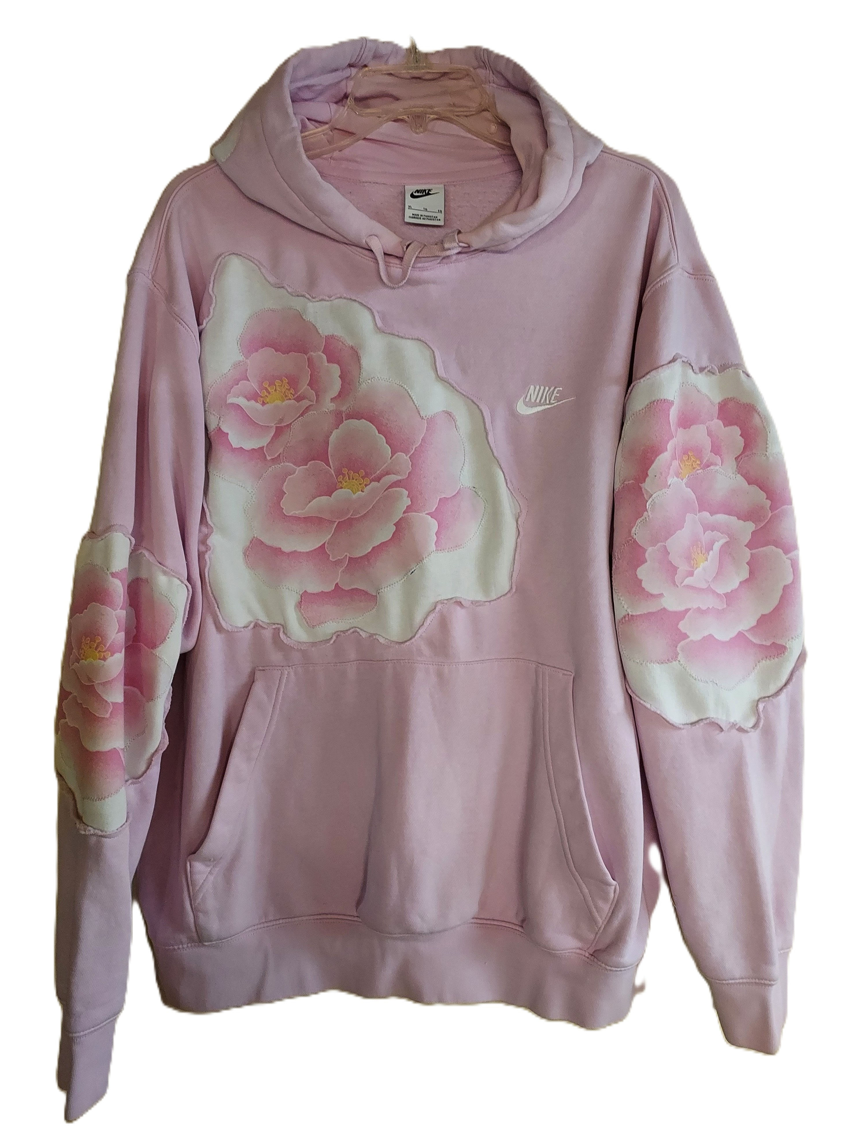 Custom Upcycled Pink Nike Hoodie XL | Handcrafted Floral Sweatshirt