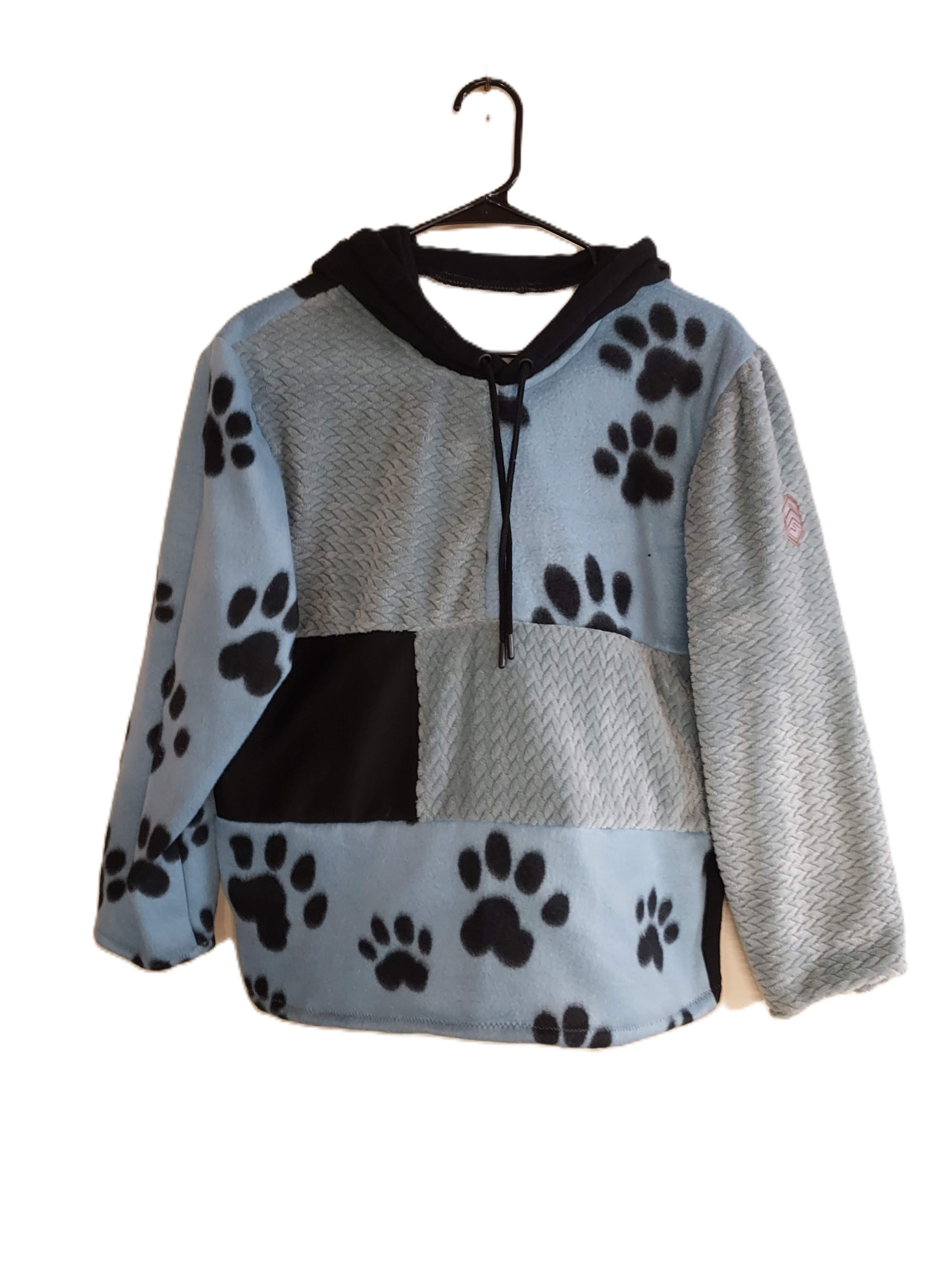 Upcycled Dog Paw Print Hoodie - Soft Blue & Black | Teen & Young Adult S-M
