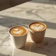 Two cups of latte with heart art on a marble table by Filter & Shot Coffee Company, Seattle.