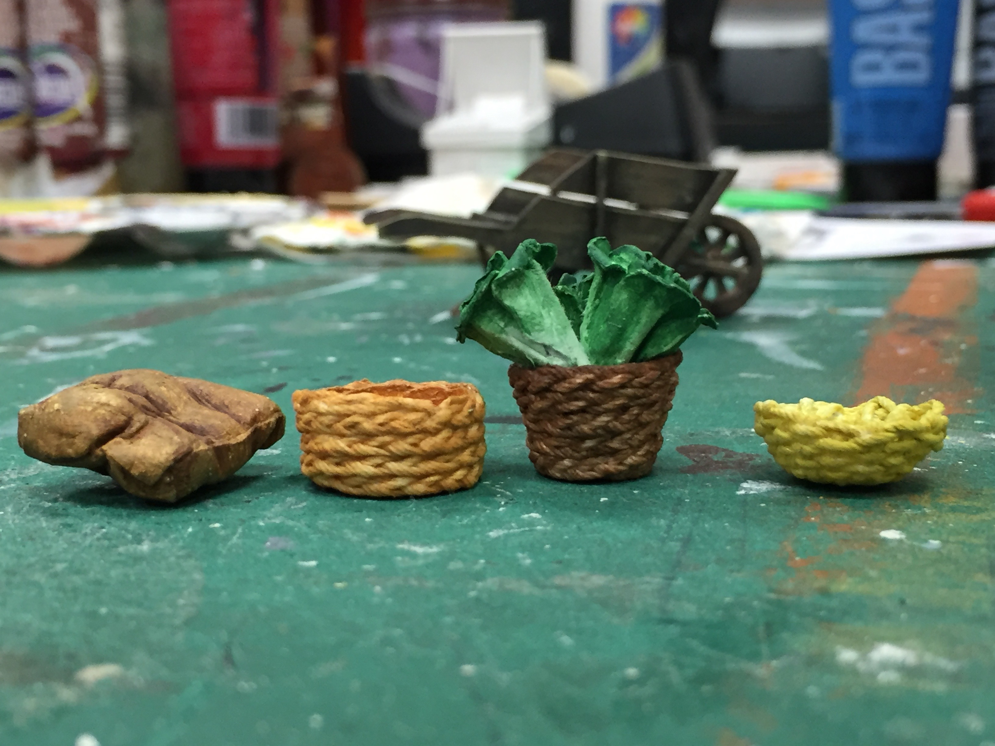 1/2" Scale Model Process Photo Vegetable Cart - Potato Bag, Tomato Basket, Lettuce Basket, and Carro