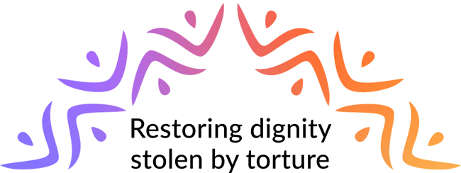 Text: Restoring dignity stolen by torture. Graphic: Colorful markings.