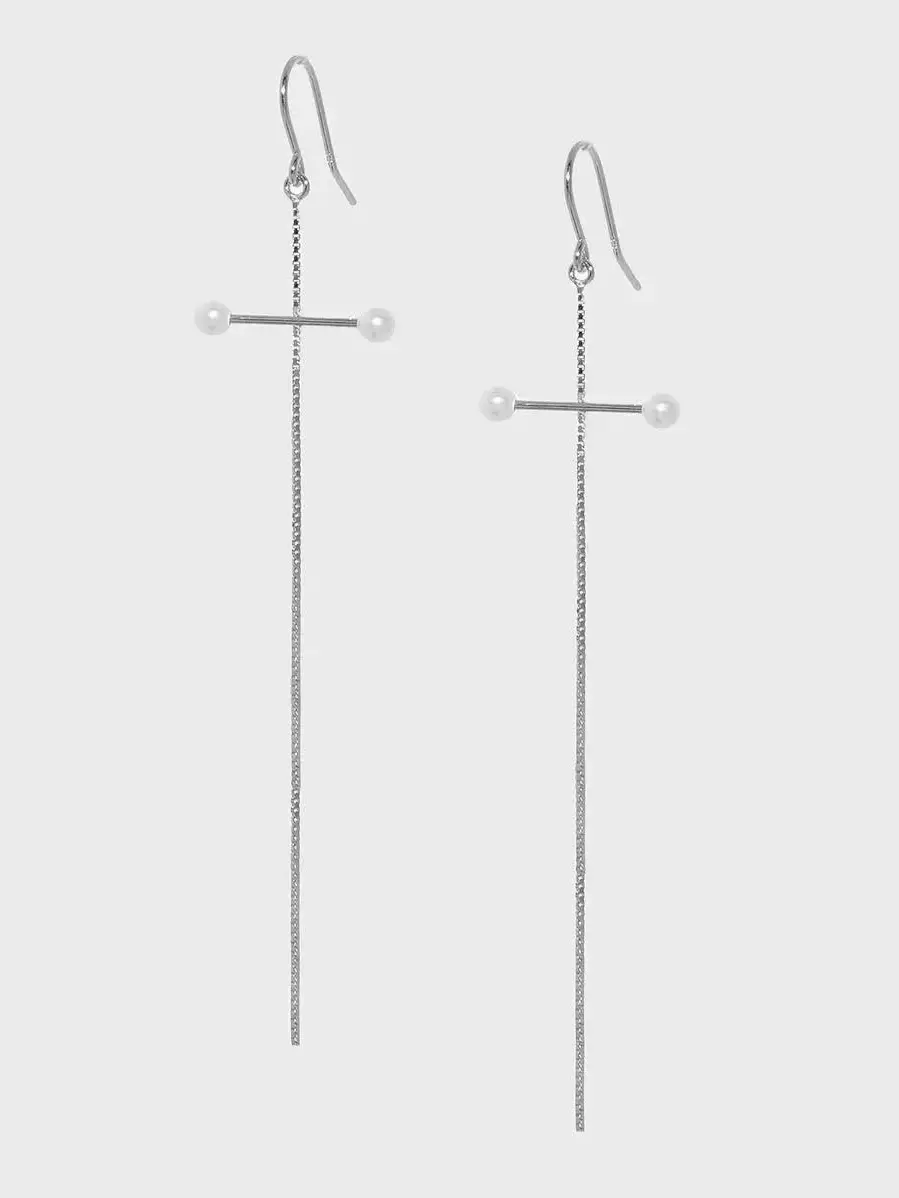 Thumbnail: Silver Cross pearl drop earrings
