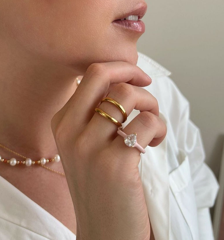 Pink Enamel CZ Open Rings