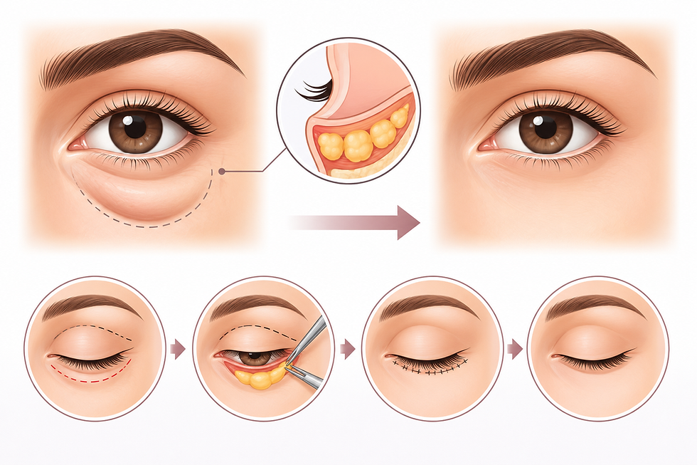 Vector medical illustration showing eye bag removal surgery, including under-eye fat pads, treatment steps, and a smoother rejuvenated under-eye appearance.