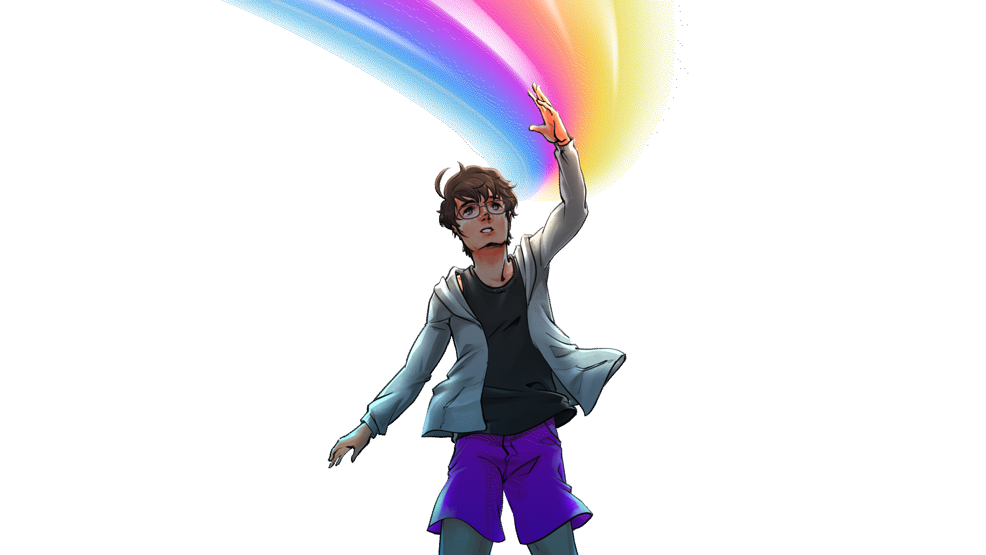 an animated self portrait of the artist, with his hand touching a stream of colors: cyan, magenta, and yellow