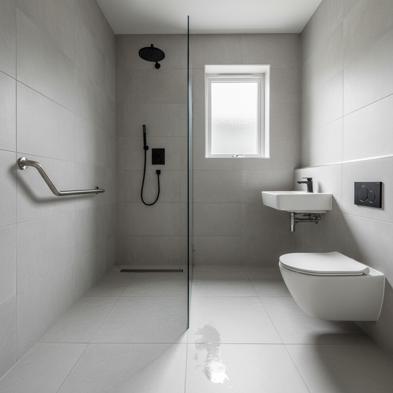 Completed level-access wet room with linear drain and porcelain tiling in a 1930s semi in Lymington, Hampshire