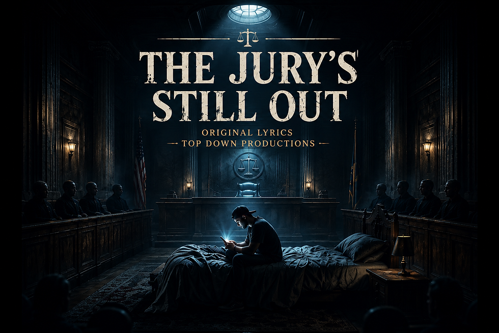 A sleepless night. A glowing phone screen. A courtroom built from memories, regrets, and unanswered questions. The artwork for The Jury's Still Out captures the feeling of being awake at 3 a.m. while the trial inside your mind refuses to end.