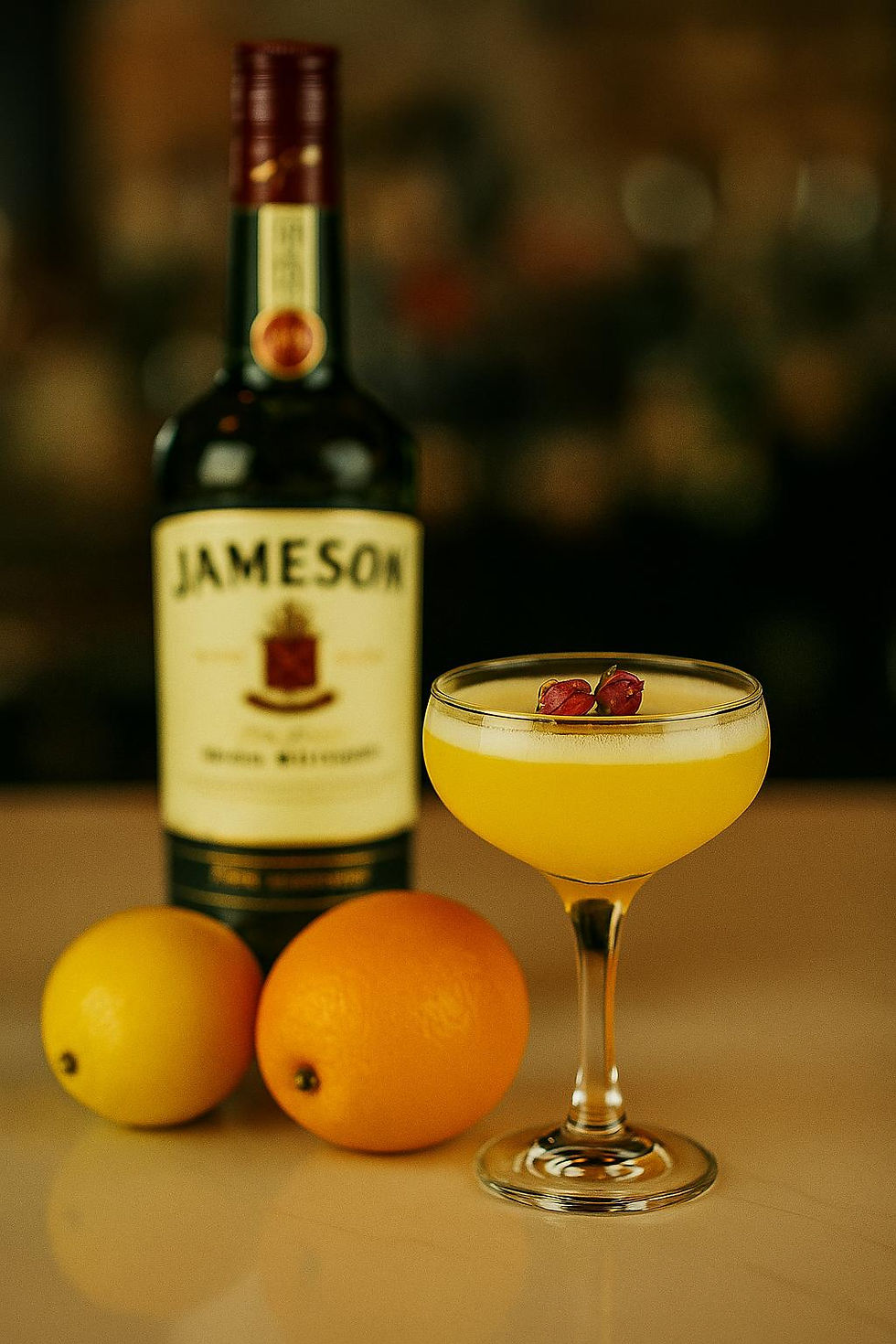 בקבוק ג'יימסון, קוקטייל צהוב עם פטל, לימון ותפוזים טריים