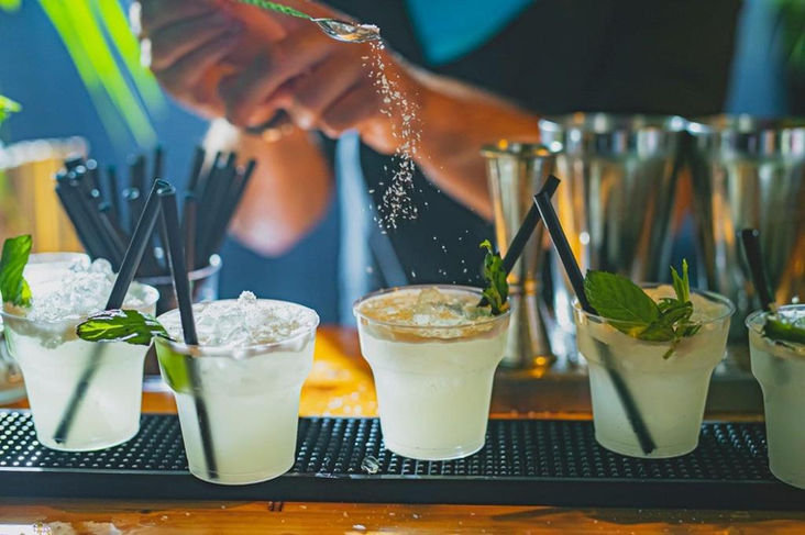ברמן מפזר מלח על שפת כוס קוקטייל, לצד משקאות קפואים.